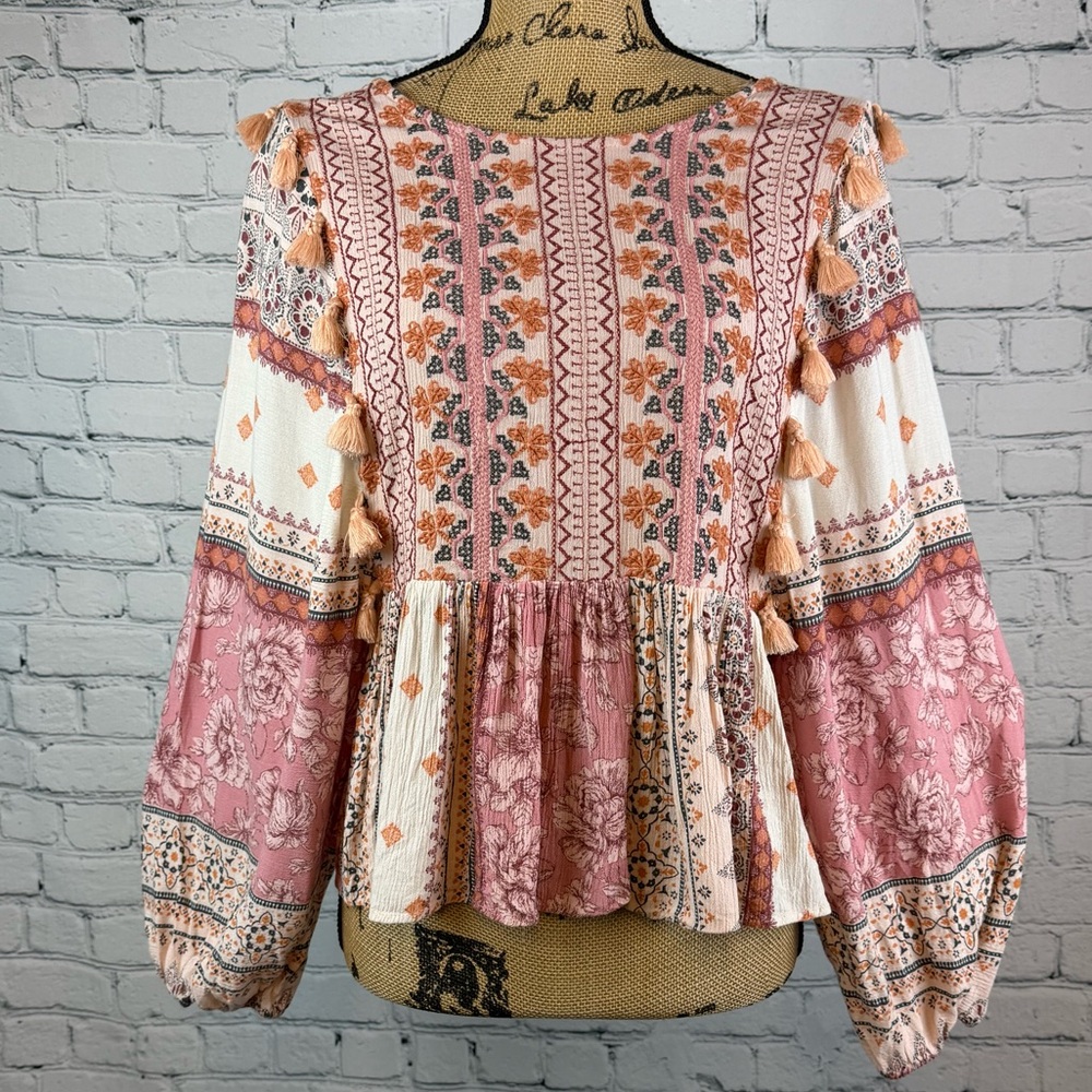 American Eagle Boho Print Tassel Tie Balloon Sleeve Top